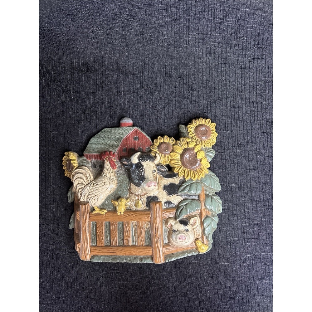 Vintage Home Interior Farm Animal Wall Hanging Cow Pig Chicken & Sunflower 1997